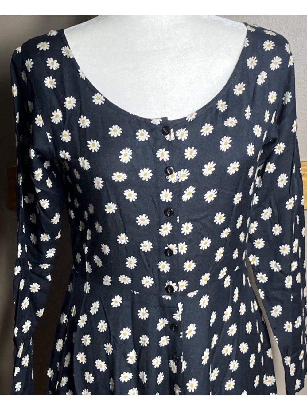 90s Style Grunge Midi Dress Black Daisy Print A-line Pockets Whimsigoth Wom 6 - Picture 5 of 10